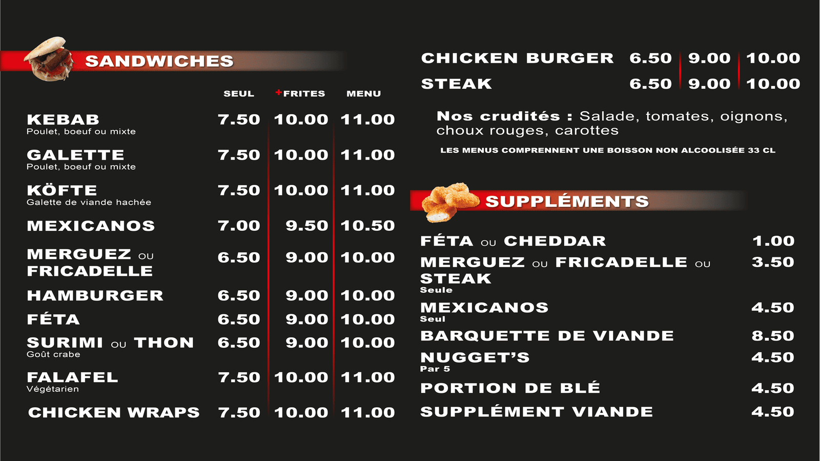 Menu Lolave Kebab Billy-Berclau : sandwiches, burgers et suppléments