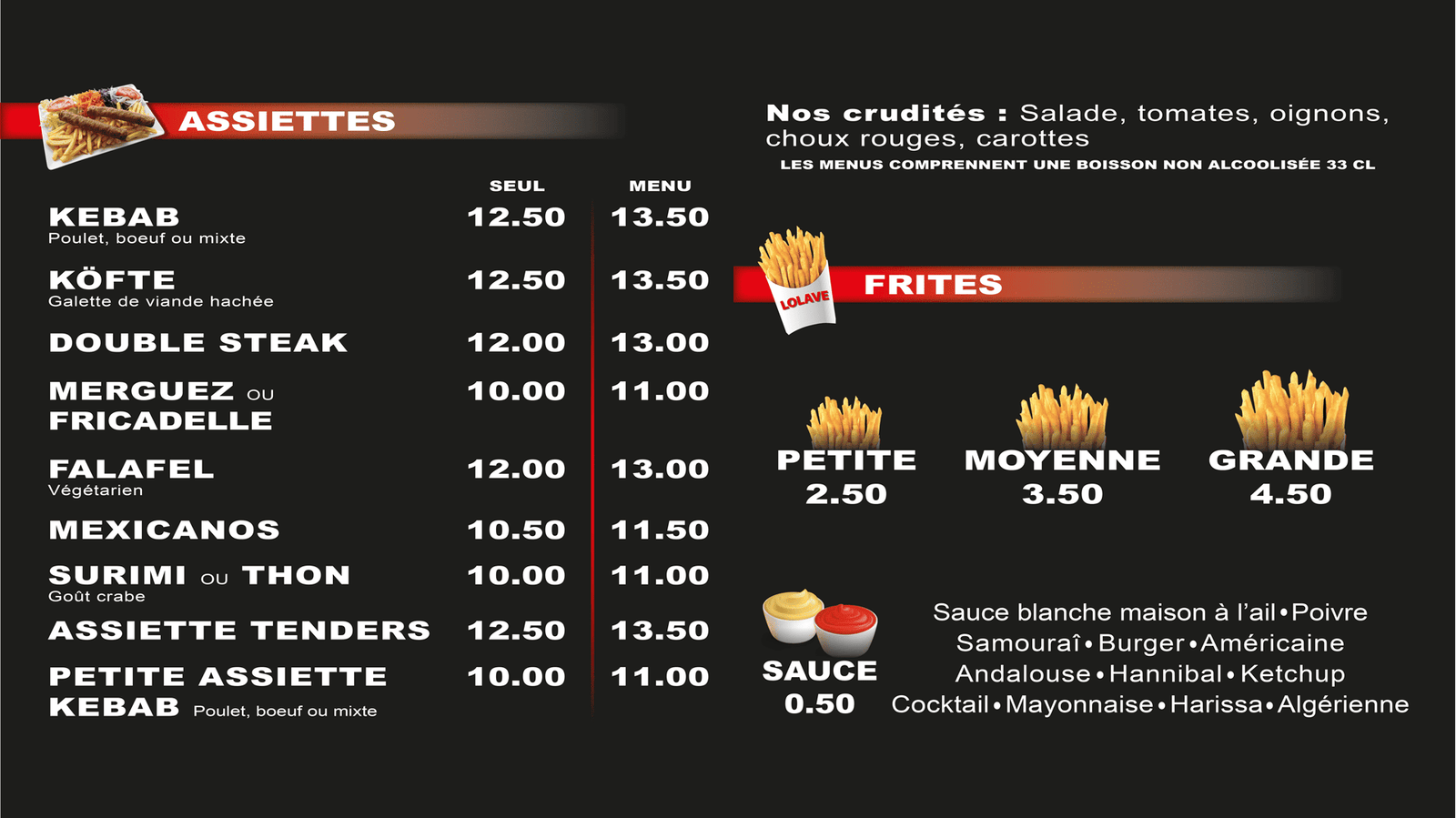 Menu Lolave Kebab Billy-Berclau : assiettes, frites et sauces