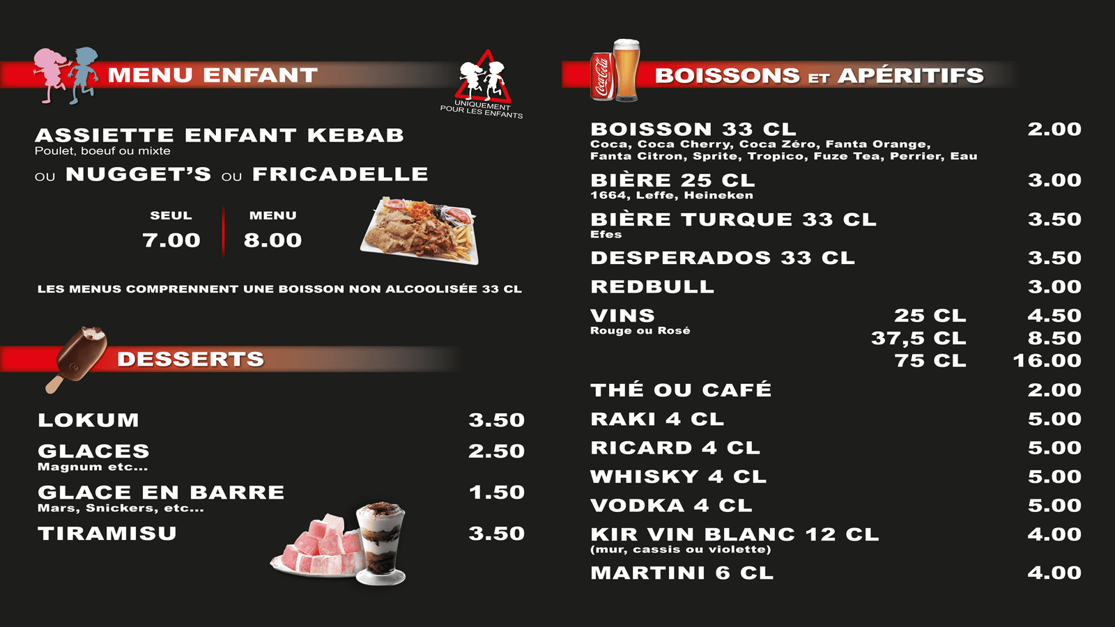 Menu Lolave Kebab Billy-Berclau : menu enfant, desserts et boissons