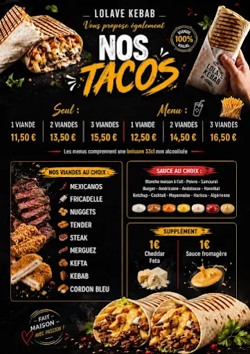 Menu Lolave Kebab Billy-Berclau : nos tacos